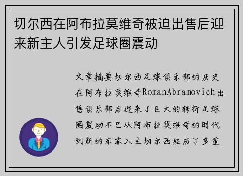 切尔西在阿布拉莫维奇被迫出售后迎来新主人引发足球圈震动